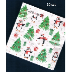 Serwetka -3247- CAŁE OPAKOWANIE 20szt , pingwinki , choinka , białe tło , małe wzory